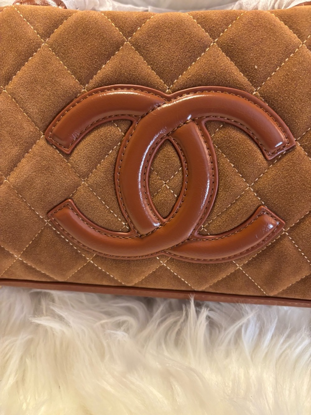 Brown Quilted Suede Top-Handle Satchel with Patent CC Logo - Picture 9 of 9